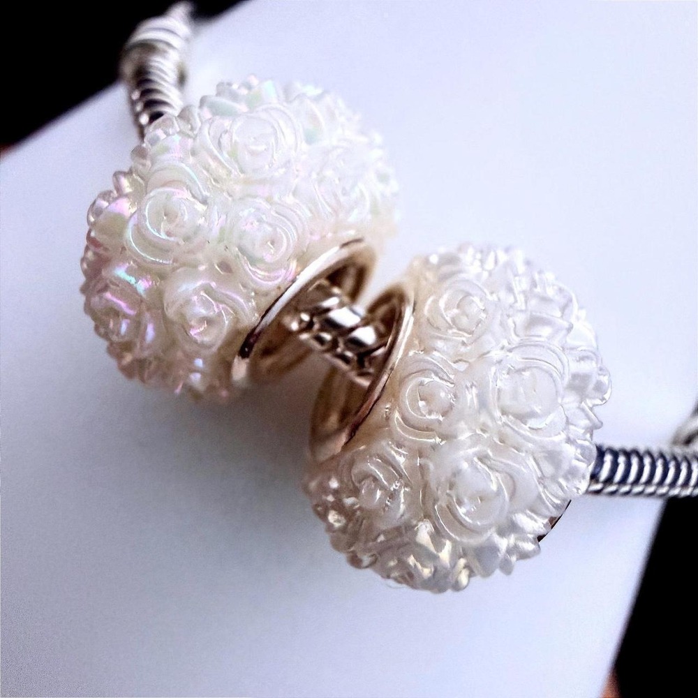 Pandora-like  Bead Charm Fits Snake Chain Bracelet White Rose Iridescent Floral